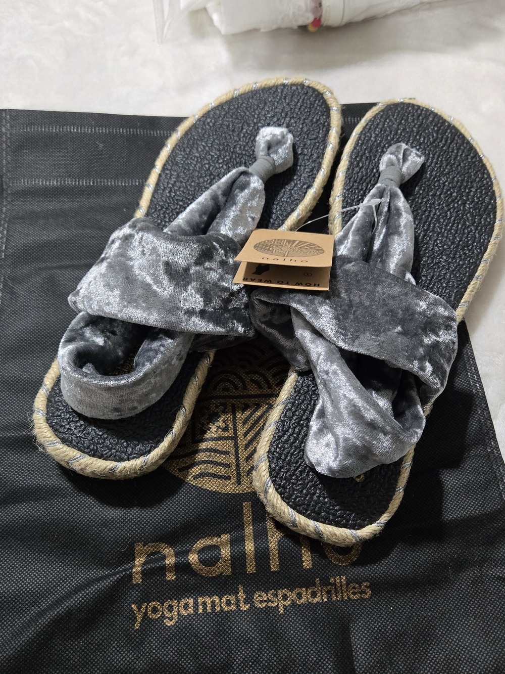 Nalho Ganika Yogamat Espadrilles Velvet Twist Sandals in Silver Gray Size 10 New